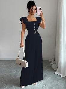 Elenzga 全新女式方领荷叶边仿门襟腰带装饰纽扣连体裤，优雅日常通勤修身高腰连体裤 - 寶藍色 - 查看 6