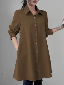 SHEIN Unity Áo sơ mi dài cài nút tối giản màu trơn thường ngày dành cho nữ - Cà phê nâu - Xem 4