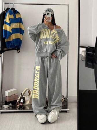 StreetHx 2pcs/Set Women Streetwear Oversized Letter Print Rhinestone Sweatshirt And Sports Sweatpants Fall Cloth For Women
