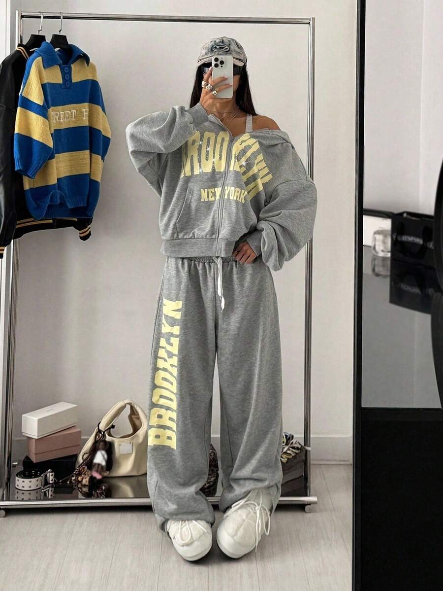 StreetHx 2pcs/Set Women Streetwear Oversized Letter Print Rhinestone Sweatshirt And Sports Sweatpants Fall Cloth For Women - Grey - View 1
