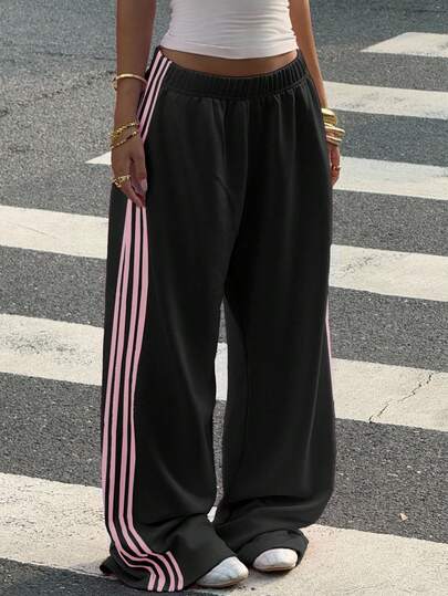 SHEIN EZwear Women's Casual Extra Long Black Sweatpants Featuring Pink Striped Side Detail And Knitted Fabric Streetwear Pants Oversized Pants Wide Pants Y2k Pants Loose Pants,Fall,Fall Clothes For Women,Winter Clothes For Women