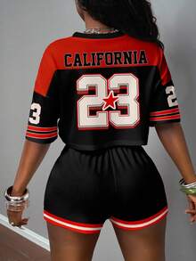 Slaydiva Bộ 2 áo thun tay ngắn cổ tròn in họa tiết 23 chữ cái phong cách thể thao dạo phố cho nữ, áo thun vải bông tuyết cỡ lớn, quần short Y2K cho nữ - Nhiều màu - Xem 2