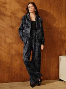 Anewsta Pantalon de survêtement  à imprimé léopard et doublure en polaire avec clous pour femmes - Gris foncé - Voir 6