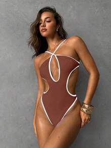 Aloruh 1pc Women's One-Piece Swimsuit, Color Block Design, Halter Neck, Hollow Out Bust And Waist, High Cut Leg - Brown - View 4