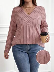 Miaspire Plus Size Women's Solid Color V-Neck Long Sleeve Hollow Out T-Shirt, For Autumn & Winter