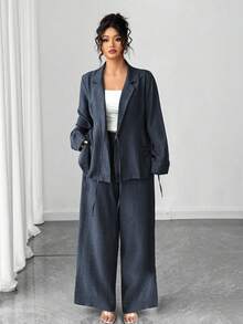 Elenzga Bộ đồ vest hai mảnh phong cách Pháp thanh lịch, giản dị, đi làm, đi nghỉ, cổ áo kiểu Tây, nơ chéo, hai túi bên, quần ống đứng rộng rãi, bộ đồ vest hai mảnh thời trang xuân/thu/đông, bộ đồ vest hai mảnh dành cho nữ, bộ đồ vest nữ - Màu xám đen - Xem 6