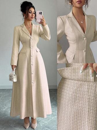 Elenzga 新款女式翻领长袖仿口袋前开 A 字长裙，休闲度假日常百搭年轻优雅女士连衣裙，秋冬