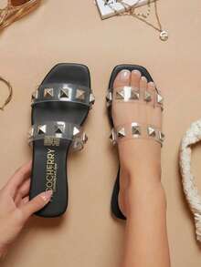 Sandalias de mujer tiras transparentes tachonado punta cuadrada sin cordones plana estilo moderno para verano y diario sandalia amarilla - Negro - Ver 1
