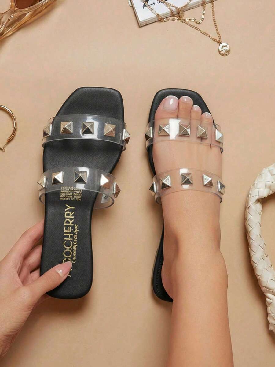 Sandalias de mujer tiras transparentes tachonado punta cuadrada sin cordones plana estilo moderno para verano y diario sandalia amarilla - Negro - Ver 1