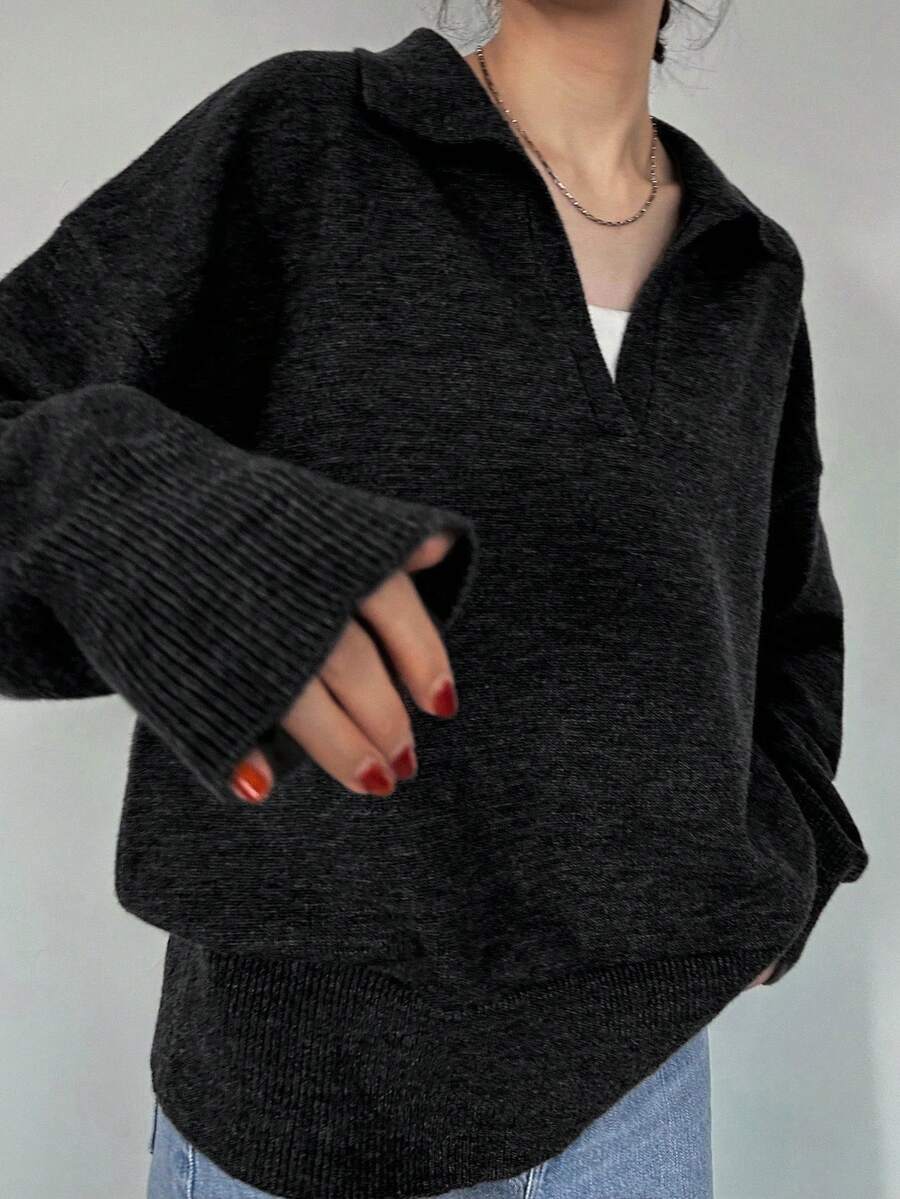 FRIFUL 女式纯色深灰色翻领落肩长袖宽松休闲百搭毛衣，秋冬