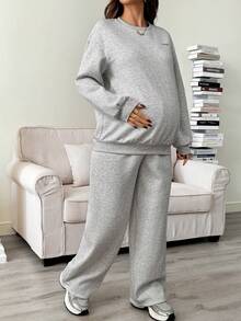 SHEIN 2件套孕妇休闲运动衫和运动裤套装，秋冬 - 灰色 - 查看 5