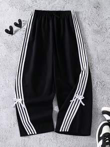 Tween Girls' Colorblock Striped Bow Decor Pants - Black - View 5