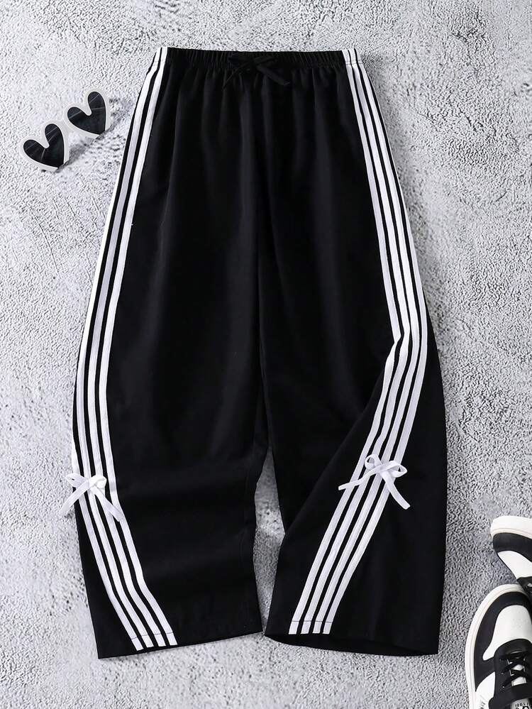 SHEIN Quần sọc phối màu trang trí nơ cho bé gái tuổi teen - màu đen - Xem 5