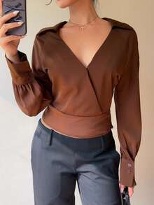 Siren Gaze Women's Elegant Coffee Brown Autumn Blouse,Minimalist V-Neck Long Sleeve Office Top,Casual Everyday Dark Chocolate Brown Solid Color Winter Top - Coffee Brown - View 8