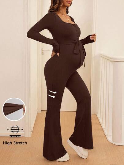 SHEIN Maternity Casual Solid Color Waistband Square Neck Jumpsuit