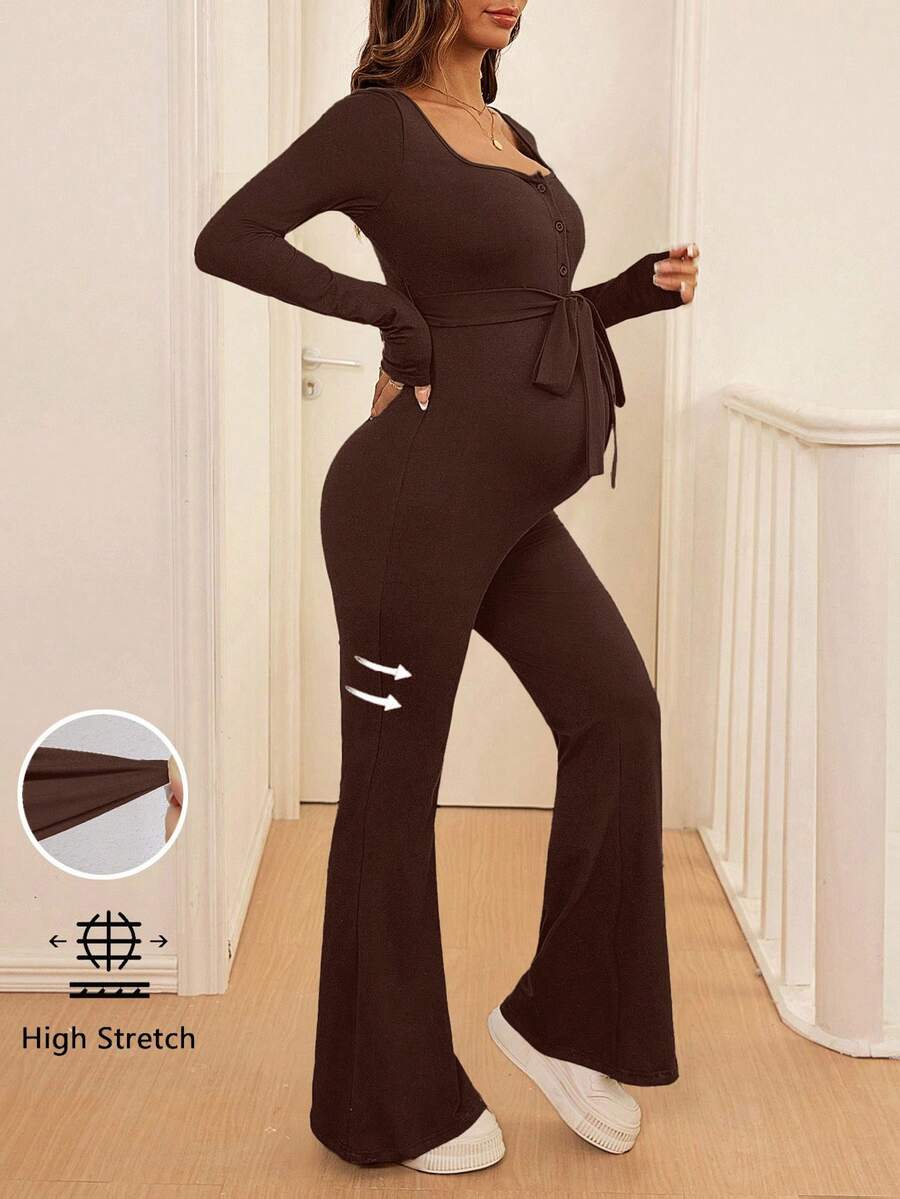 SHEIN Bộ đồ liền thân cổ vuông lưng thun trơn màu cho bà bầu - Cà phê nâu - Xem 1
