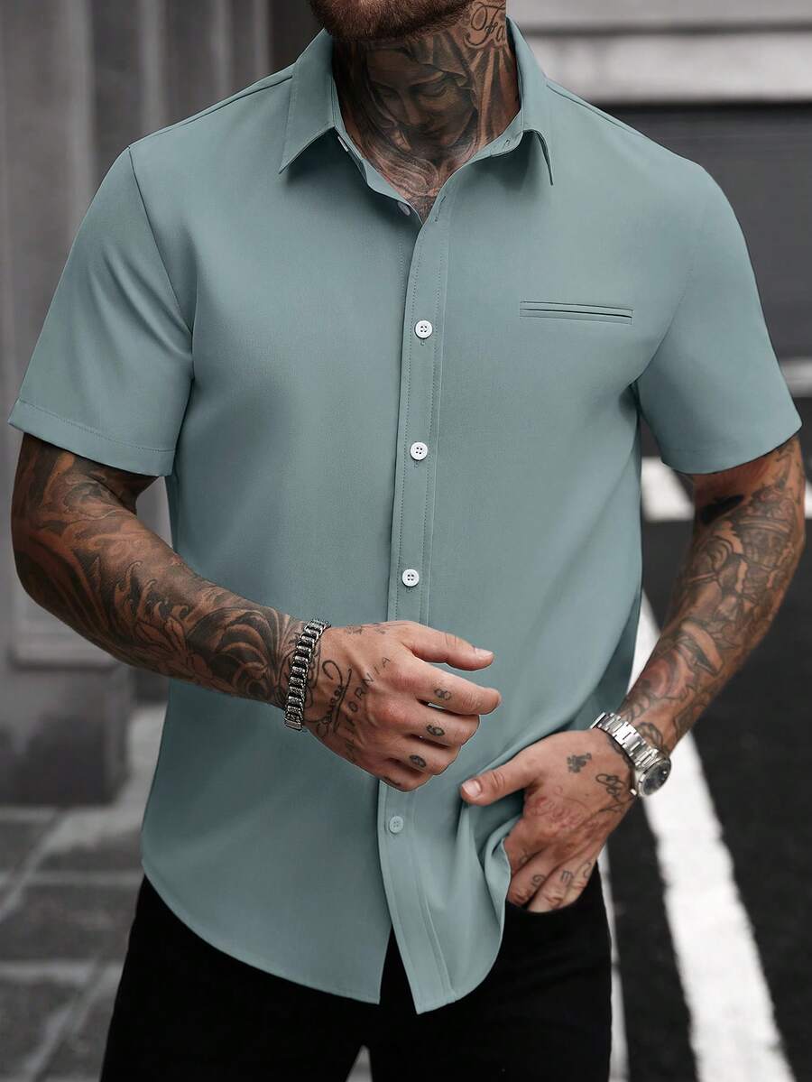 Manfinity Homme 白色男士休闲商务短袖衬衫 - 綠色 - 查看 1