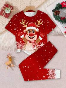 SHEIN Leap Crew 青少年女孩休闲圣诞快乐可爱驯鹿扎染雪花节日短袖圆领 T 恤和紧身裤睡衣套装 - 彩色 - 查看 2