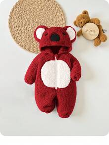 SHEIN Newborn Baby Boy Cute Koala Design Hooded Embroidered 3D Ear Bubble Fleece Romper, Autumn/Winter - Burgundy - View 2