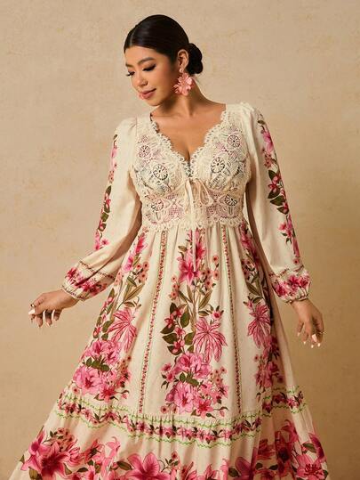 Travachic Plus Size Women's Holiday Floral Print Patchwork Ruffle Chiffon Long Sleeve Maxi Dress, Autumn Bohemian Style Dress, Elegant Autumn Outfit, New Arrival Fall Fashion, Women Maxi Dress