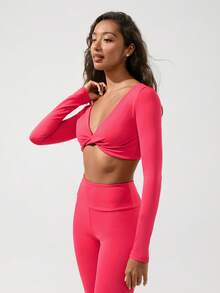 Menodora SHEIN Sport Conjunto Esportivo Feminino de Top Cropped de Manga Longa com Nó na Frente e Legging em Cor Sólida - Vermelho - Visão 4
