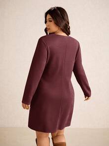 Elaquor Plus Size Women Casual Solid Color Short Dress Red/Winter - Burgundy - View 2