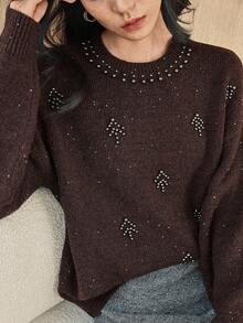 Dazy-Less Women's Loose Business Casual Crew Neck Beaded Knit Sweater, Brown, Suitable For Autumn And Winter