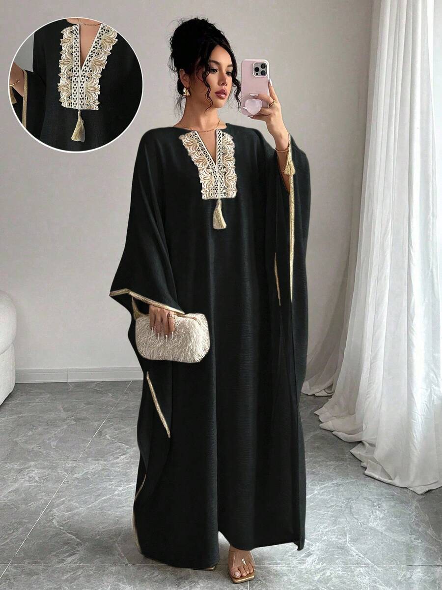 Rafferiza Women's V-Neck Fringe Design Batwing Sleeve Loose Long Dress Clothes For University - Black - View 1