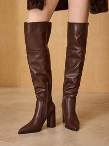 MOTF 时尚尖头粗跟过膝靴，适合约会和派对 - 棕色 - 查看 2