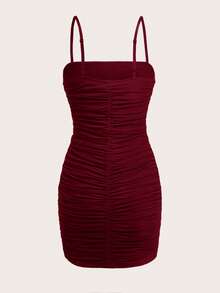 SHEIN EZwear 女式简约纯色褶皱修身迷你吊带裙，百搭夏季 - 酒紅色 - 查看 2