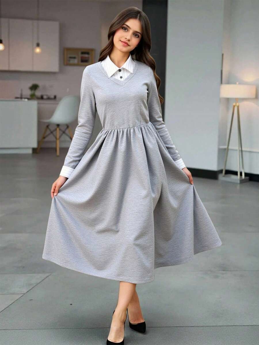 SHEIN 条纹衬衫拼布灰色休闲连衣裙,简约时尚,舒适百搭,适合室内外穿着,春秋季 - 彩色 - 查看 1