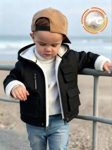 SHEIN 男婴/女婴羊毛加厚连帽棉衣，黑色长袖夹克，舒适百搭休闲工作服风格百搭冬季外套，适合室内、户外、滑雪、日常穿着、运动、玩耍、派对、摄影 - 黑色 - 查看 3