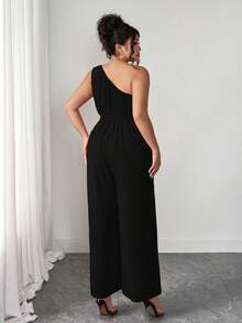 Elenzga 大码夏季时尚法式复古浪漫不对称肩部3D花卉连体裤 - 黑色 - 查看 2