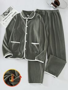 Set de pijamale pentru bărbați, simplu, cu mânecă lungă și pantaloni lungi, în culori solide, pentru adolescenți - Multicolor - Vizualizare 8