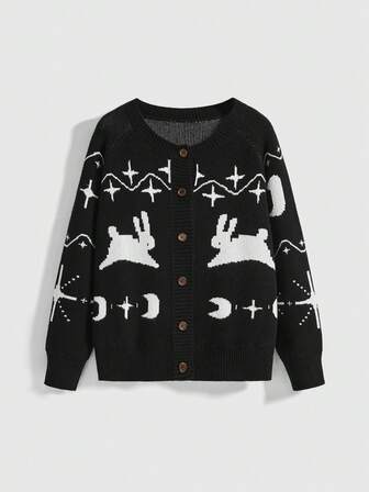 Goth Women's Subculture Dark Rabbit Cross Moon & Star Pattern Knitted Cardigan