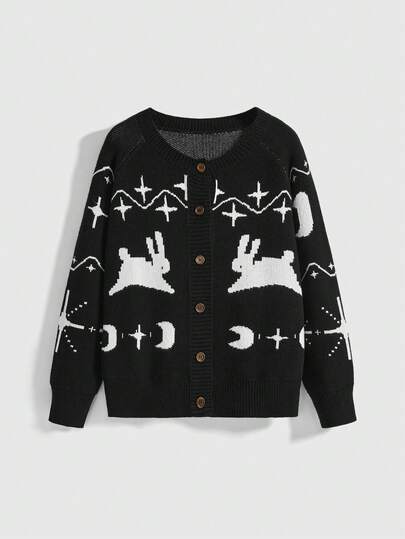 Goth Women's Subculture Dark Rabbit Cross Moon & Star Pattern Knitted Cardigan