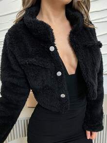 Jemour Flap Pocket Teddy Crop Jacket In Fall/Winter - Black - View 3