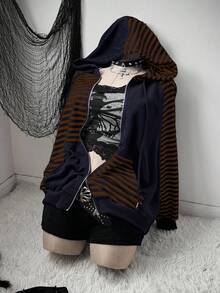 Sunspun Chaqueta con capucha y cremallera holgada con estampado de calavera oscura y rayas de contraste en talla grande - Multicolor - Ver 1