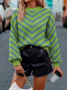 SHEIN LUNE Women's Casual Colorblock Striped Sweater, Autumn/Winter - Green - View 4