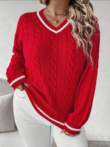 EMERY ROSE Plus Size Women Red & White Striped Knit Sweater, Casual Pullover Sweater Suitable For Christmas, Halloween, Back To School Season, Autumn/Winter