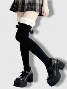 ROMWE Goth 1 Pair High Elasticity Black Thigh High Socks For Women - Hairball black - View 4