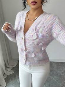 SHEIN Elenzya 蝴蝶结设计可爱小众柔软针织开衫，女士独特毛衣外套 - 淡紫色 - 查看 2