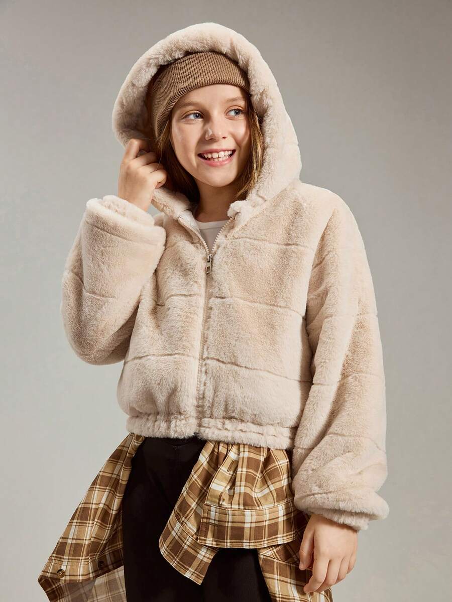 SHEIN Dziewczęca, swobodna, modna, specjalna, tkana, pluszowa, w paski, z sierścią królika, z elastycznymi mankietami i dołem, krótka kurtka z kapturem, podszewka z tkanej tkaniny, dopasowany krój, wygodna na jesień/zimę, na co dzień, do pracy, na zewnątrz, na imprezę, na sesję zdjęciową, na zakupy