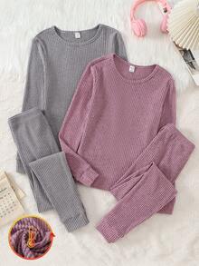 4pcs Girls Ribbed Long Sleeve Top And Leggings Pajama Set, Grey & Pink - Multicolor - View 1