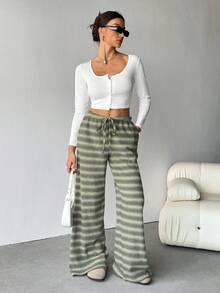 SHEIN Tall Bộ quần ống rộng cạp thấp đơn giản thoải mái cho nữ Bộ quần sọc Bộ quần thoải mái Bộ quần dài mặc nhà cho nữ - màu xanh lá - Xem 9