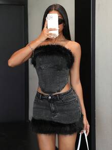 Jeanoix Y2K 高腰弹力拼布流苏水洗牛仔迷你裙 - 黑色 - 查看 8