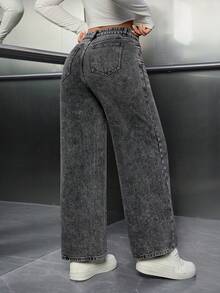 SHEIN ICON Casual Washed High Waist Straight Leg Jeans - Light Grey - View 2