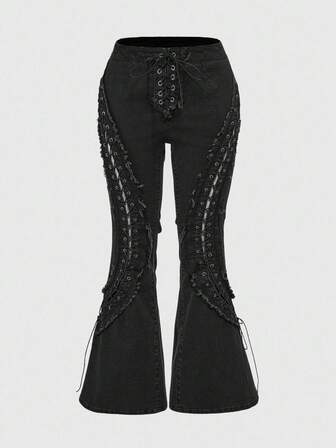 Grunge Punk Y2K Sexy Perforated Drawstring Decorated Plus Size Skinny Flare Leg Jeans