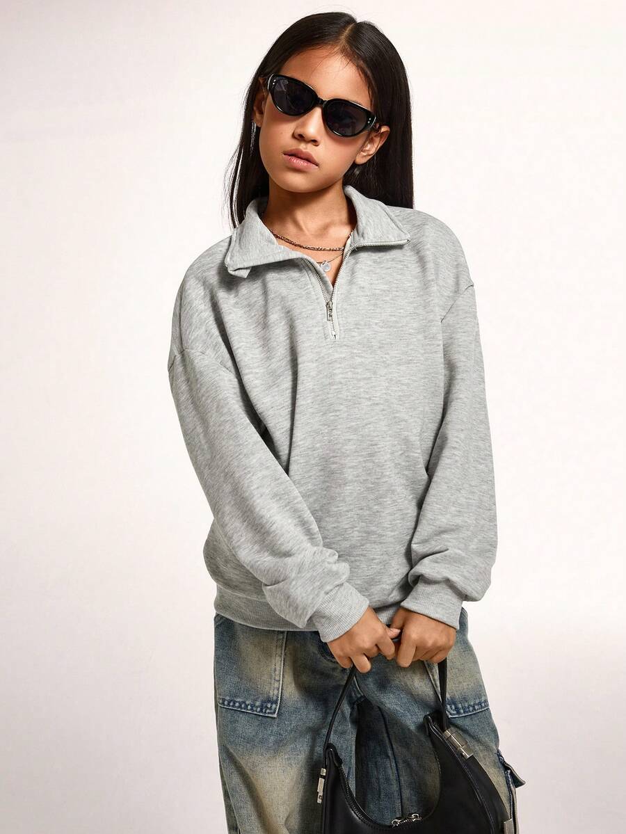 Radiana Tween Girl Casual Basic Half-Zip High Neck Heather Gray Sweatshirt,In Fall/Winter - Grey - View 1