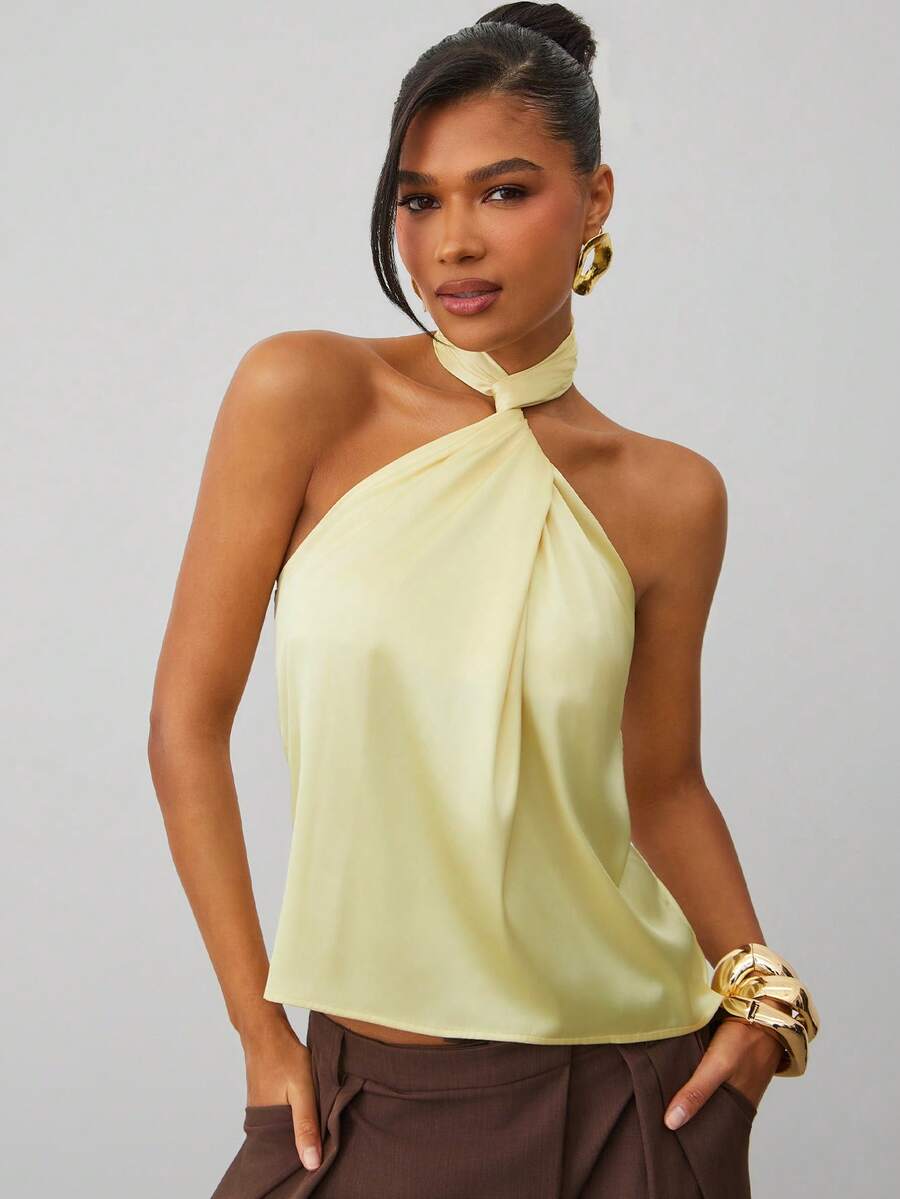Hauture Blusa de satén elástico liso con cuello de halter retorcido, sin mangas, para estilo de oficina casual y sexy